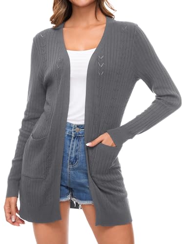 Famrrifuu Damen Strickjacke Lang Cardigan Sommer Leichte Jacke Casual Langarm Elegant Sommerjacke mit Tasche,Grau,M von Famrrifuu