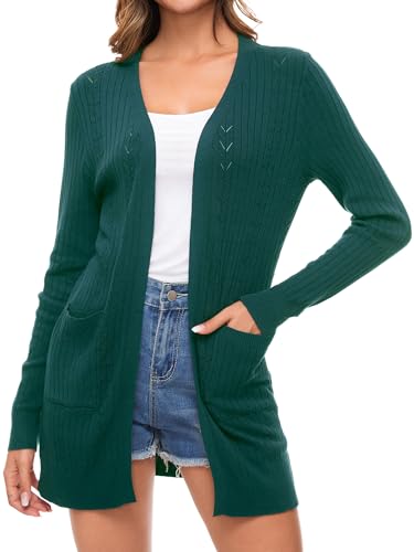 Famrrifuu Damen Strickjacke Lang Cardigan Sommer Leichte Jacke Casual Langarm Elegant Sommerjacke mit Tasche,Grün,XL von Famrrifuu