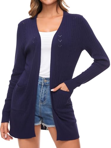 Famrrifuu Damen Strickjacke Lang Cardigan Sommer Leichte Jacke Casual Langarm Elegant Sommerjacke mit Tasche,Navy,L von Famrrifuu