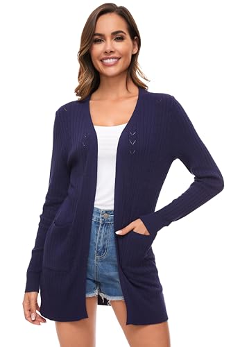 Famrrifuu Damen Strickjacke Lang Cardigan Sommer Leichte Jacke Casual Langarm Elegant Sommerjacke mit Tasche,Navy,M von Famrrifuu