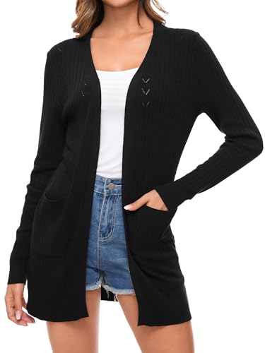 Famrrifuu Damen Strickjacke Lang Cardigan Sommer Leichte Jacke Casual Langarm Elegant Sommerjacke mit Tasche,Schwarz,M von Famrrifuu