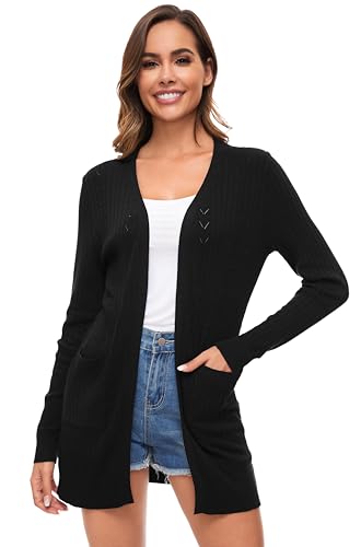 Famrrifuu Damen Strickjacke Lang Cardigan Sommer Leichte Jacke Casual Langarm Elegant Sommerjacke mit Tasche,Schwarz,XXL von Famrrifuu