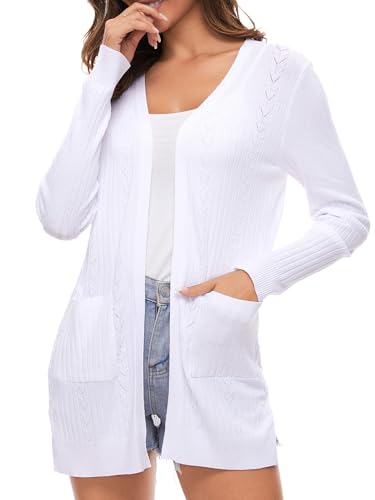 Famrrifuu Damen Strickjacke Lang Cardigan Sommer Leichte Jacke Casual Langarm Elegant Sommerjacke mit Tasche,Weiß,S Famrrifuu Damen Strickjacke Lang Cardigan Sommer Leichte Jacke Casual Langarm Elegant Sommerjacke mit Tasche,Weiß,S von Famrrifuu