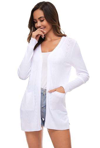 Famrrifuu Damen Strickjacke Lang Cardigan Sommer Leichte Jacke Casual Langarm Elegant Sommerjacke mit Tasche,Weiß,XXL von Famrrifuu