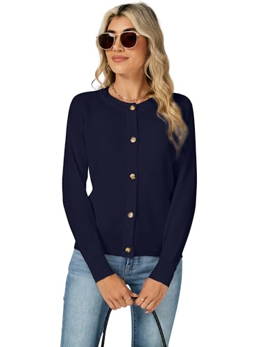 Famrrifuu Damen Strickjacke mit Knöpfen Rundhals Kurze Cardigan Pullover Langarm Elegante Jacke Lässige Offene Front Strickjacken, Blau, S von Famrrifuu