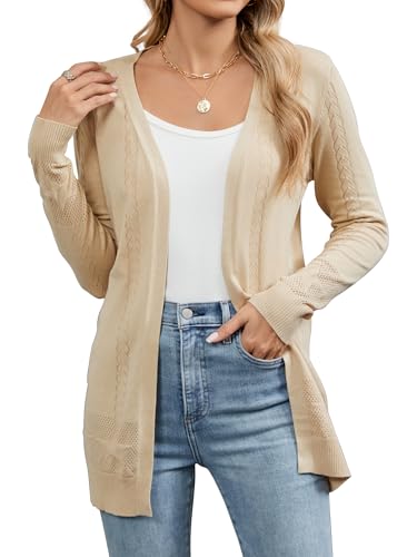 Famrrifuu Damen Strickjacke mit Sternenmuster Leichte Cardigan Lang Elegante Langarm Lässige Sommer Frühling Strickcardigan, Aprikose, L von Famrrifuu