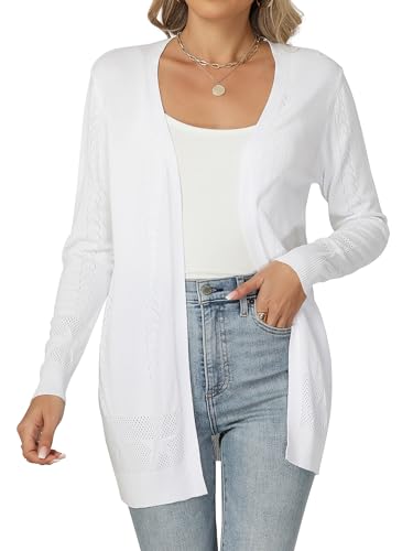 Famrrifuu Damen Strickjacke mit Sternenmuster Leichte Cardigan Lang Elegante Langarm Lässige Sommer Frühling Strickcardigan, Weiß, S von Famrrifuu