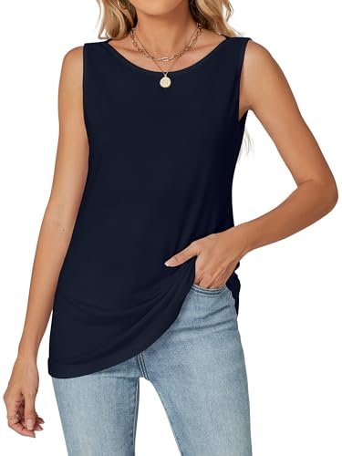 Famrrifuu Damen T-Shirt Ärmellos Klassisch Weich Tshirt mit U-Boot Ausschnitt Sommer Basic Stretch Einfarbige Tank Tops für Sommer Frühling, Navy, L von Famrrifuu
