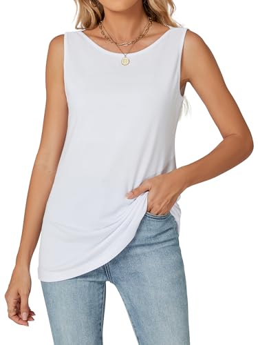 Famrrifuu Damen T-Shirt Ärmellos Klassisch Weich Tshirt mit U-Boot Ausschnitt Sommer Basic Stretch Einfarbige Tank Tops für Sommer Frühling, Weiß, M von Famrrifuu