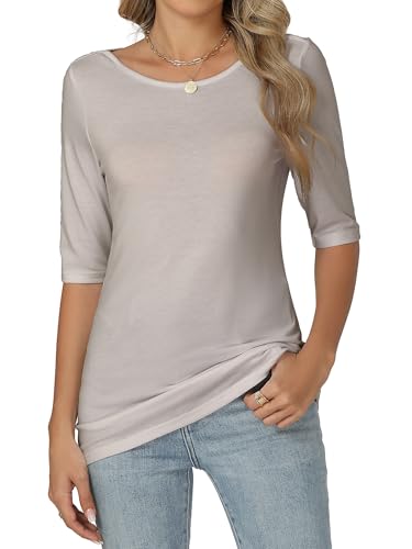 Famrrifuu Damen T-Shirt Halbarm Figurbetontes Oberteile mit U-Boot Ausschnitt Sommer Basic Stretch Einfarbige Shirts für Sommer Frühling, Hellgrau, XXL von Famrrifuu