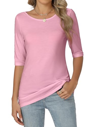 Famrrifuu Damen T-Shirt Halbarm Figurbetontes Oberteile mit U-Boot Ausschnitt Sommer Basic Stretch Einfarbige Shirts für Sommer Frühling, Rosa, XXL von Famrrifuu