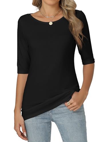Famrrifuu Damen T-Shirt Halbarm Figurbetontes Oberteile mit U-Boot Ausschnitt Sommer Basic Stretch Einfarbige Shirts für Sommer Frühling, Schwarz, XXL von Famrrifuu