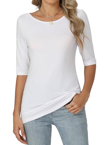 Famrrifuu Damen T-Shirt Halbarm Figurbetontes Oberteile mit U-Boot Ausschnitt Sommer Basic Stretch Einfarbige Shirts für Sommer Frühling, Weiß, XXL von Famrrifuu