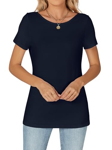Famrrifuu Damen T-Shirt Kurzarm Figurbetontes Oberteile mit U-Boot Ausschnitt Sommer Basic Stretch Einfarbige Shirts für Sommer Frühling, Navy, S von Famrrifuu