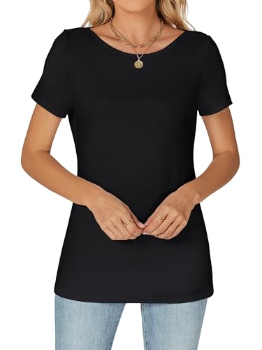 Famrrifuu Damen T-Shirt Kurzarm Figurbetontes Oberteile mit U-Boot Ausschnitt Sommer Basic Stretch Einfarbige Shirts für Sommer Frühling, Schwarz, L Famrrifuu Damen T-Shirt Kurzarm Figurbetontes Oberteile mit U-Boot Ausschnitt Sommer Basic Stretch Einfarbige Shirts für Sommer Frühling, Schwarz, L von Famrrifuu