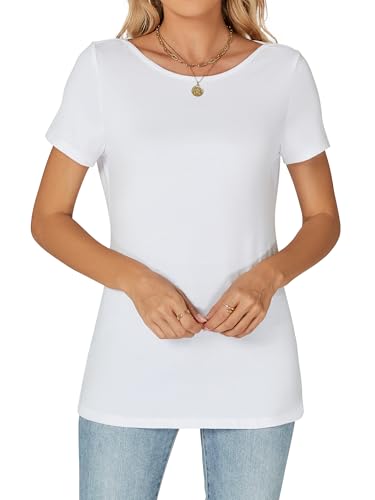 Famrrifuu Damen T-Shirt Kurzarm Figurbetontes Oberteile mit U-Boot Ausschnitt Sommer Basic Stretch Einfarbige Shirts für Sommer Frühling, Weiß, XXL von Famrrifuu