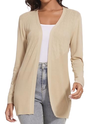 Famrrifuu Leichte Strickjacke Damen Jacke Dünn Lang Cardigan Sommer Langarm Elegant Casual Sommerjacke,Beige,M von Famrrifuu