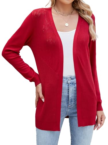 Famrrifuu Leichte Strickjacke Damen Jacke Dünn Lang Cardigan Sommer Langarm Elegant Casual Sommerjacke,Weinrot,M von Famrrifuu