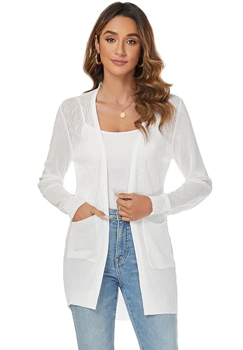 Famrrifuu Leichte Strickjacke Damen Sommer Dünn Lang Jacke Langarm Cardigan Elegant Sommerjacke mit Tasche,Weiß,S von Famrrifuu