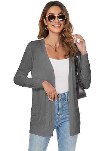 Famrrifuu Sommer Strickjacke Damen Leicht Jacke Lang Sommerjacke Langarm Elegant Cardigan,Grau,L von Famrrifuu