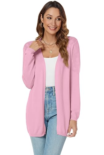 Famrrifuu Strickjacke Damen Lang Cardigan Sommer Leicht Sweater Cardigan Casual Langarm Elegant Sommerjacken,Rosa,L von Famrrifuu