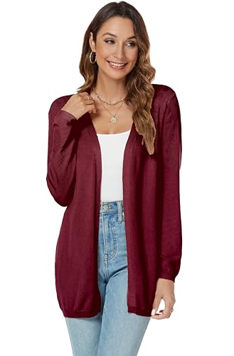 Famrrifuu Strickjacke Damen Lang Cardigan Sommer Leicht Sweater Cardigan Casual Langarm Elegant Sommerjacken,Weinrot,S von Famrrifuu