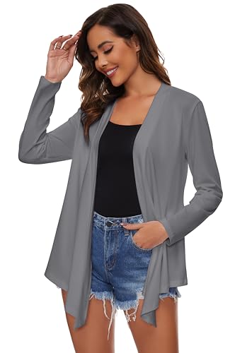 Famrrifuu Strickjacke Damen Lang Wasserfall Cardigan Sommer Leichte Jacke Casual Langarm Elegant Sommerjacke,Grau,L von Famrrifuu