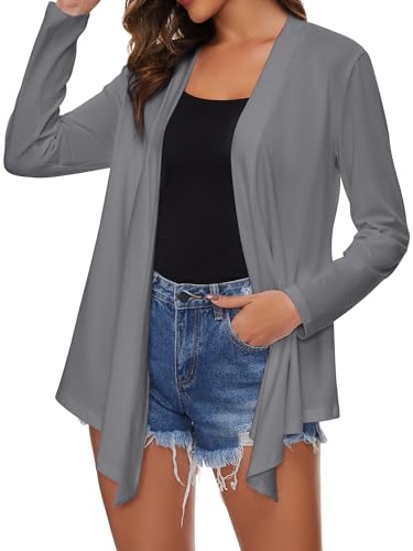 Famrrifuu Strickjacke Damen Lang Wasserfall Cardigan Sommer Leichte Jacke Casual Langarm Elegant Sommerjacke,Grau,L von Famrrifuu