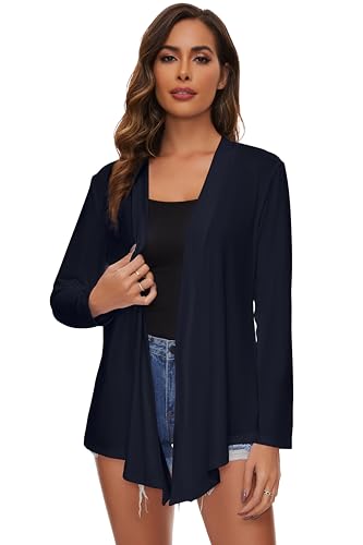 Famrrifuu Strickjacke Damen Lang Wasserfall Cardigan Sommer Leichte Jacke Casual Langarm Elegant Sommerjacke,Navy,L von Famrrifuu