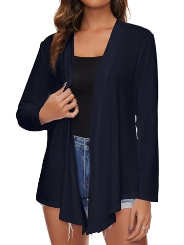 Famrrifuu Strickjacke Damen Lang Wasserfall Cardigan Sommer Leichte Jacke Casual Langarm Elegant Sommerjacke,Navy,L von Famrrifuu