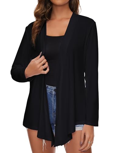 Famrrifuu Strickjacke Damen Lang Wasserfall Cardigan Sommer Leichte Jacke Casual Langarm Elegant Sommerjacke,Schwarz,S von Famrrifuu