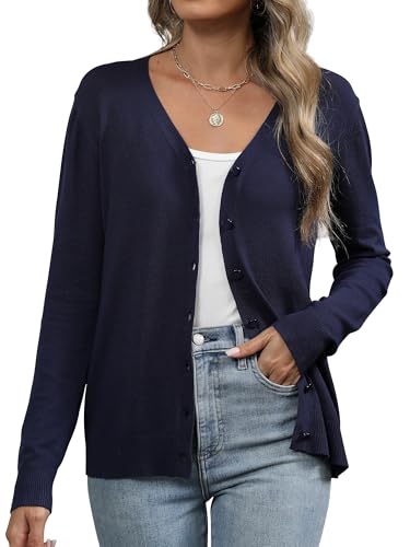 Famrrifuu Strickjacke Damen V Ausschnitt mit Knöpfen Cardigan Langarm Leichte Elegante Dünn Sweater Pullover, Blau, XL von Famrrifuu