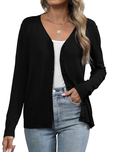 Famrrifuu Strickjacke Damen V Ausschnitt mit Knöpfen Cardigan Langarm Leichte Elegante Dünn Sweater Pullover, Schwarz, L von Famrrifuu