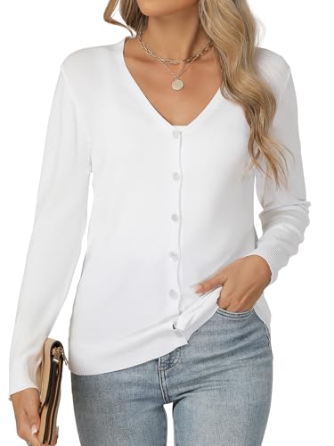 Famrrifuu Strickjacke Damen V Ausschnitt mit Knöpfen Cardigan Langarm Leichte Elegante Dünn Sweater Pullover, Weiß, M von Famrrifuu