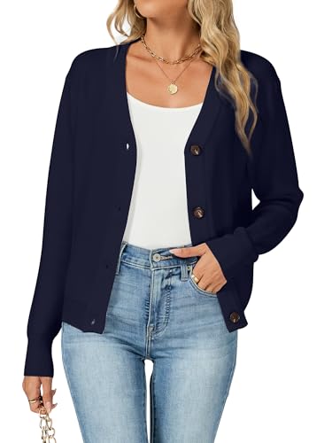 Famrrifuu Strickjacke für Damen Kurz V Ausschnitt mit Knöpfen Cardigan Langarm Elegante Jacke Casual Sweater Strickpullover, Blau, XXL von Famrrifuu