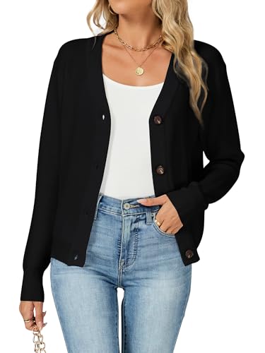 Famrrifuu Strickjacke für Damen Kurz V Ausschnitt mit Knöpfen Cardigan Langarm Elegante Jacke Casual Sweater Strickpullover, Schwarz, L von Famrrifuu