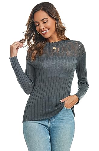 Famrrifuu Strickpullover Damen Elegant Pulli Gestrickt Rundhals Langarm Pullover Leicht Strickpulli für Herbst Winter,Grau,L von Famrrifuu