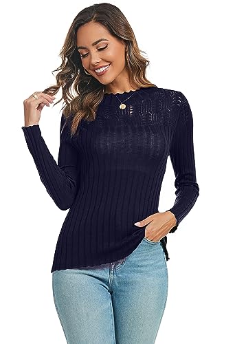 Famrrifuu Strickpullover Damen Elegant Pulli Gestrickt Rundhals Langarm Pullover Leicht Strickpulli für Herbst Winter,Navy,L von Famrrifuu