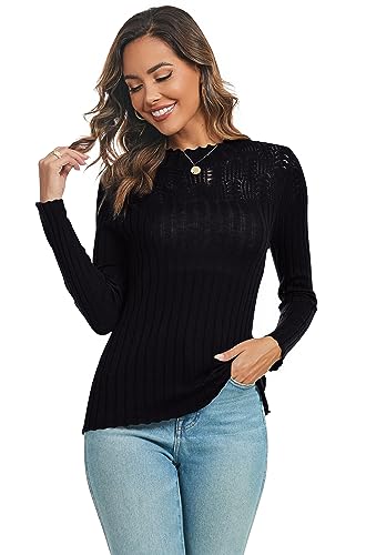 Famrrifuu Strickpullover Damen Elegant Pulli Gestrickt Rundhals Langarm Pullover Leicht Strickpulli für Herbst Winter,Schwarz,XL von Famrrifuu