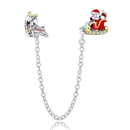 Famuan Christmas Reindeer Safety Chain Charm 925 Sterling Silber Anhänger Armbänder Weihnachten Valentinstag Geburtstag Schmuck Geschenke für Familie Freunde Frauen von Famuan