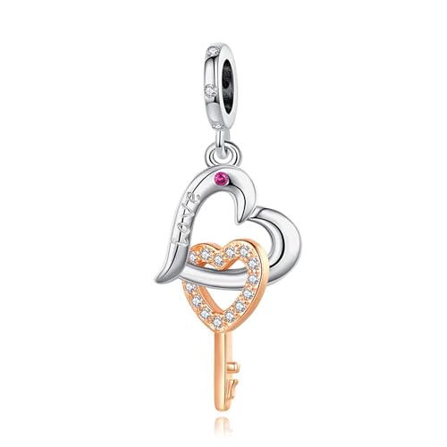 Famuan Goldener Liebesschlüssel Charm 925 Sterling Silber Anhänger für Frauen Armbänder Muttertag Valentinstag Geburtstag Weihnachten Geschenke für Gattin Familie Freunde von Famuan