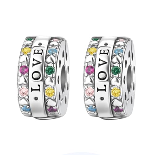 Famuan Jewelry 2PCS Love Clips with Colorful Crystal Charm Silber Stopper Spacer für Frauen Armbänder Muttertag Valentinstag Geburtstag Weihnachten Geschenke für Frau Mädchen Familie Freunde von Famuan