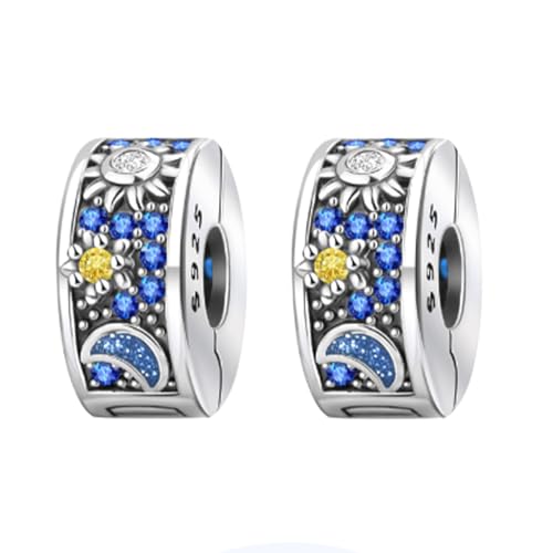 Famuan Jewelry 2PCS Sun and Moon Blue Clips Charm Silber Stopper Spacer für Frauen Armbänder Muttertag Valentinstag Geburtstag Weihnachten Geschenke für Frau Mädchen Familie Freunde von Famuan