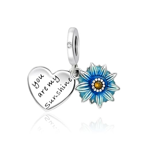 Famuan Jewelry Blue Daisy with Heart Charm 925 Sterling Silber Anhänger für Frauen Armbänder Muttertag Valentinstag Geburtstag Weihnachten Geschenke für Mädchen Familie Freunde von Famuan