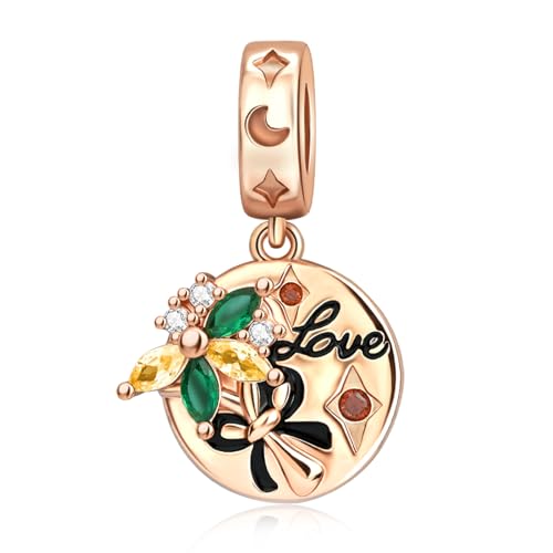 Famuan Jewelry Gold Love with Flower Charm 925 Sterling Silber Anhänger für Frauen Armbänder Muttertag Valentinstag Geburtstag Weihnachten Geschenke für Mädchen Familie Freunde von Famuan