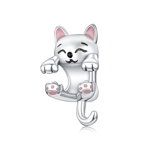 Famuan Jewelry White Cute Cat Charm 925 Sterling Silber Anhänger Perlen für Frau passen Armbänder Halskette Muttertag Valentinstag Geburtstag Weihnachten Geschenke für Frau Mädchen Familie Freunde von Famuan