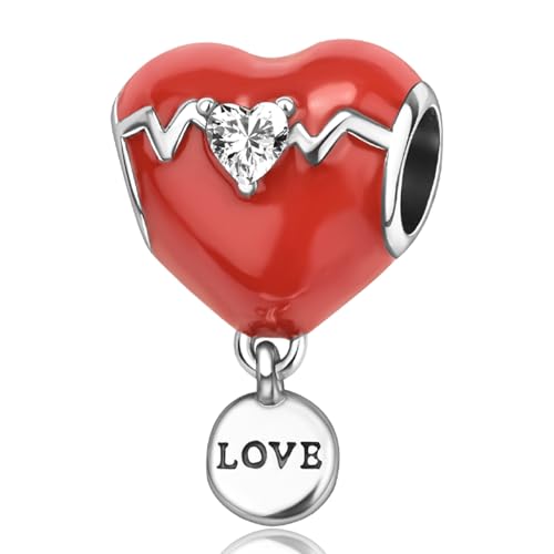 Famuan Roter Herzschlag Charm 925 Sterling Silber Anhänger für Frauen Armbänder Muttertag Valentinstag Geburtstag Weihnachten Geschenke für Gattin Familie Freunde von Famuan