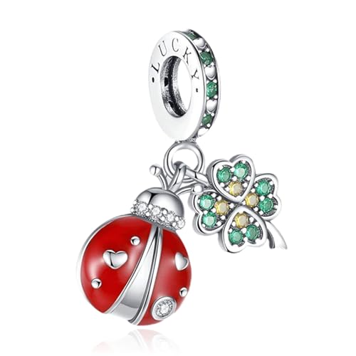 Famuan Vierblättriger Kleeblatt-Marienkäfer Charm 925 Sterling Silber Anhänger für Frauen Armbänder Muttertag Valentinstag Geburtstag Weihnachten Geschenke für Mädchen Familie Freunde von Famuan