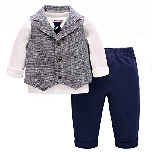 Famuka Baby Anzug Smoking Festanzug Sakkos Taufe Hochzeit Babykleidung Set (Grau 2, 73, 9 Monate) von Famuka