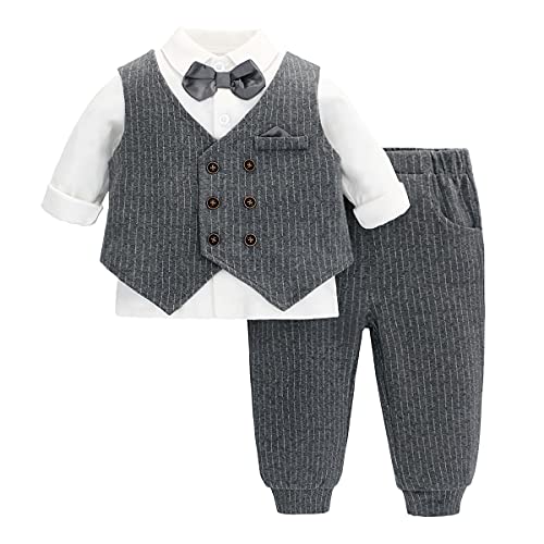 Famuka Baby Junge Anzug Set Festanzug Hochzeit Babykleidung Kleinkinder Hemd+Weste+Hose (36 Monate, 110, Grau 1) von Famuka